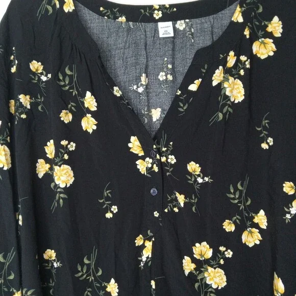 Old Navy XXL Top Black Yellow Floral Print Popover Shirt - Picture 2 of 13